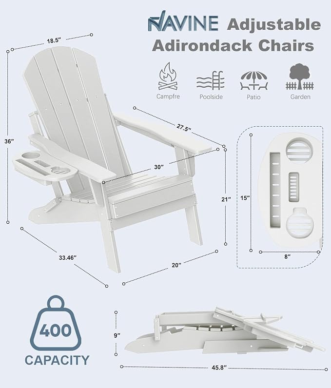 Adjustable Adirondack Chair Set of 6 with Cup Holder, All Weather HDPE Fire Pit Chairs for Deck, Backyard, Patio, White