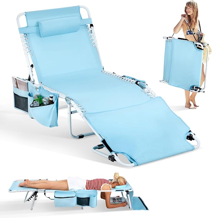 Bonnlo Oversized Folding Tanning Chair with Face Hole & Carrying Bag,Beach Lounge Chair Outdoor for Adults, Portable Sunbathing Recliner,Laying Out Chairs for Tanning Lounger Outside,Supports 265 lbs
