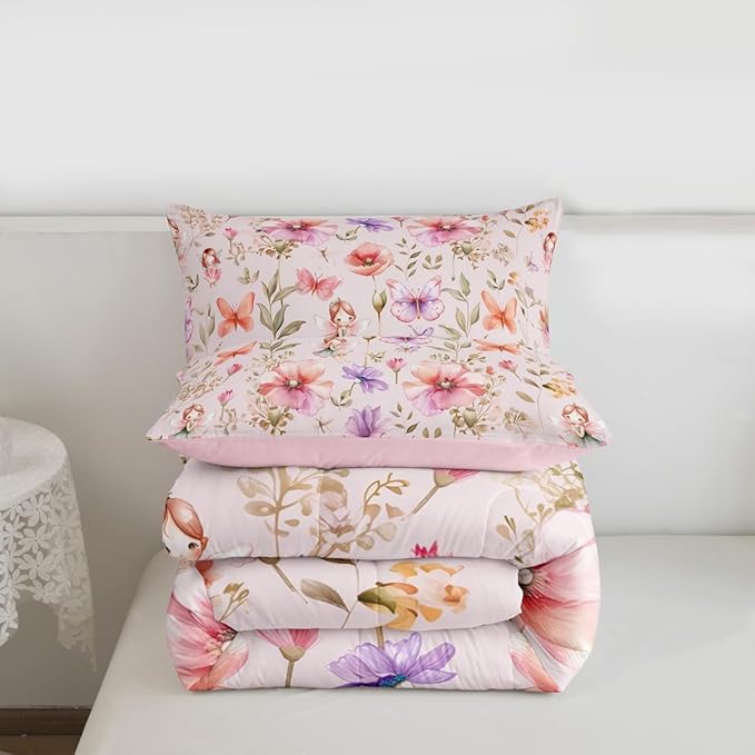 Erosebridal Fairy & Floral Queen Comforter Set - Butterfly Flower Bedding Sets for Girls Kids, Pink Purple Flowers Garden Bed Set | Whimsical Fairies Room Decor with 2 Pillowcases