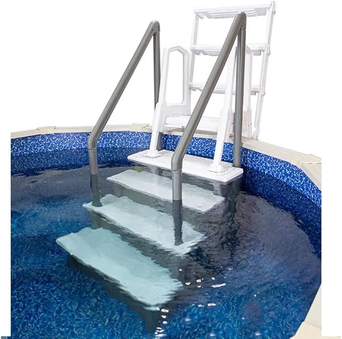 Aqua Select Anti-Slip in-Pool Steps with Outside Flip-Up Ladder | Gray/White Steps | for Above Ground Swimming Pools | Can Mount to Decks 48" to 54" H | Safety Stairs Capacity Up to 350 lbs