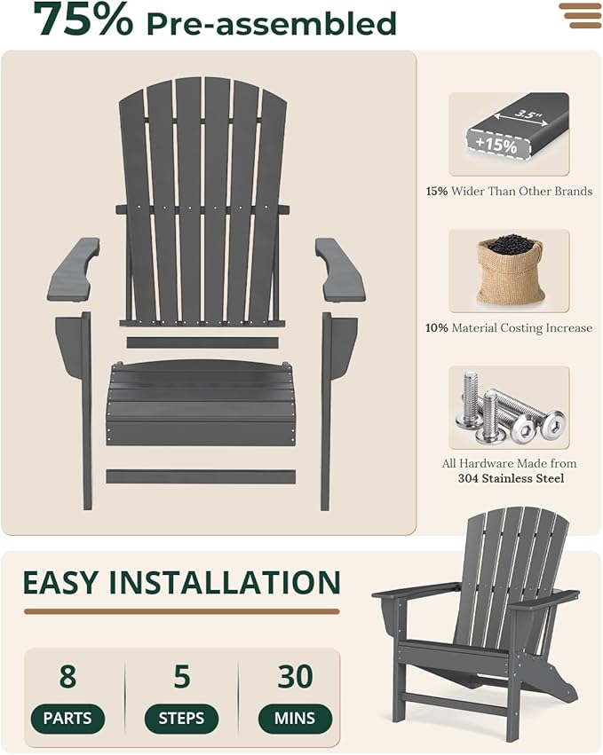 BRIOPAWS Oversized Adirondack-Chairs-Set of 4 | HDPE Plastic | Fire Pit Chair | Weather Resistant | for Deck Outdoor Poolside Campfire | Grey