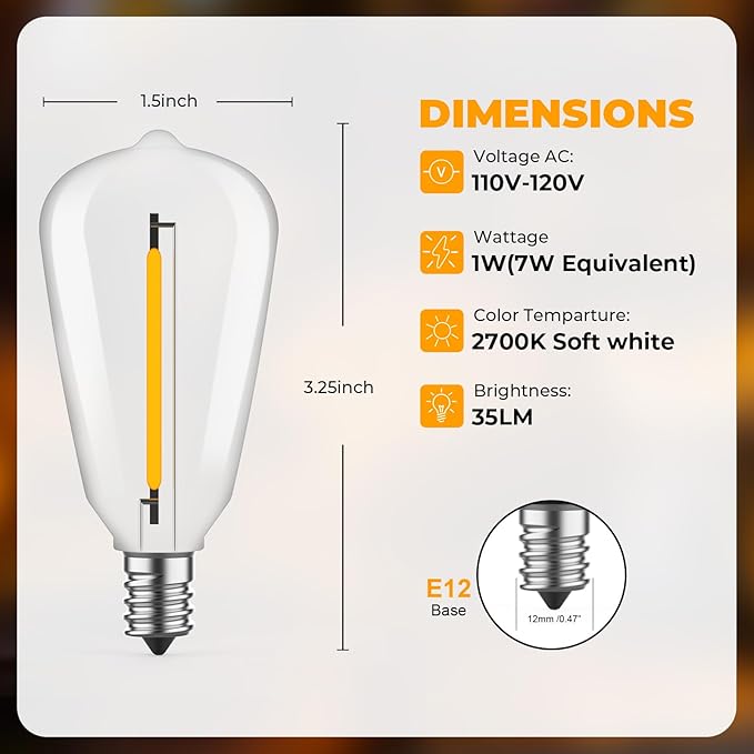 60 Pack ST38 LED Replacement String Light Bulbs, 1Watt Equivalent to 7Watt Incandescant Bulb, Shatterproof E12 LED Bulb for Outdoor Patio Garden Vintage String Lights, 2700K Warm White