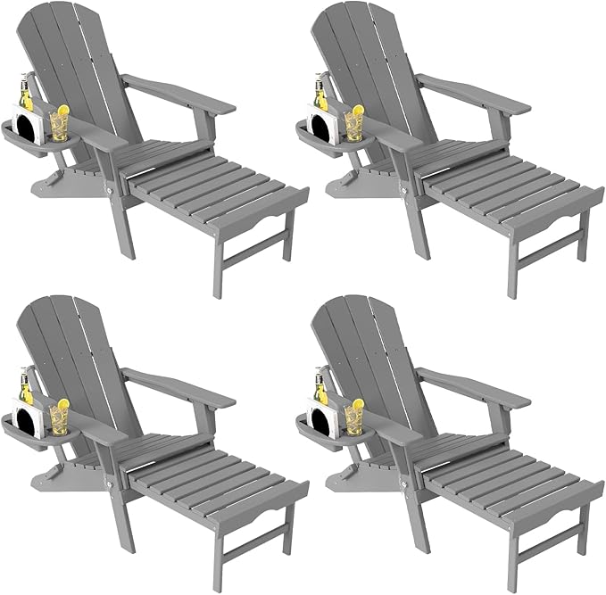 Adjustable Adirondack Chair with Retractable Ottoman Set of 4, HDPE Folding Adirondack Chair with Cup Holder, All Weather Fire Pit Chair for Outdoor.