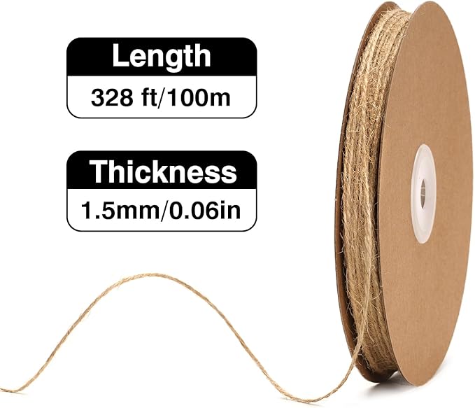 KINGLAKE Natural Jute Twine String - 1.5mm Twine String for Crafts 328 Feet 2 Ply Jute Rope for Gift Wrapping Christmas Packing Arts Decoration Wedding Gardening