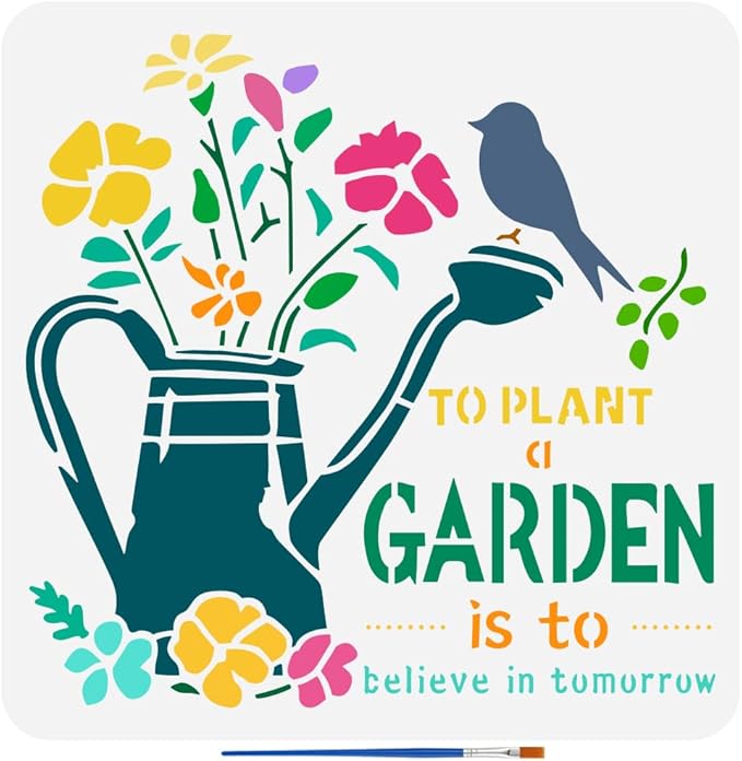 FINGERINSPIRE Garden Painting Template with Brush 11.8x11.8inch Watering Pot Words Painting Template Flowers Birds Painting Stencils Reusable DIY Art Craft Stencil for Painting on Wood Floor Wall