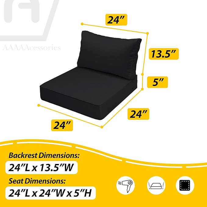 AAAAAcessories Outdoor Deep Seat Cushions, Waterproof, Fade-Resistant Patio Furniture Replacement Cushions, 24" x 24" x 5" + 24" x 13.5", Set of 4, Black