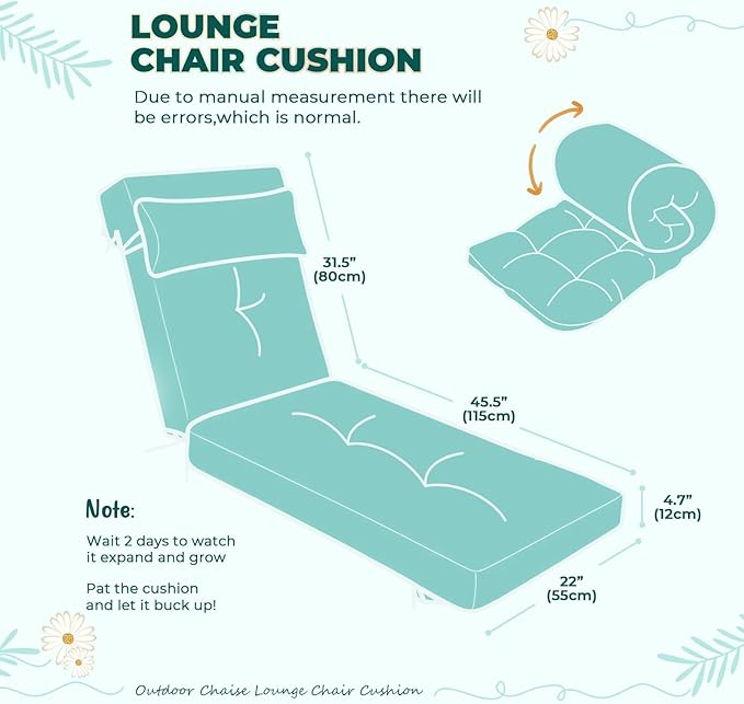 Waterproof Lounge Chair Cushion Outdoor for Chairs, Fade Resistant Chaise Lounger Cushions Replacement with 6 Ties, Thickened Memory Foam Pool Lounge Chair Cushions, 76 x 22 x 4.7 Inches, Teal