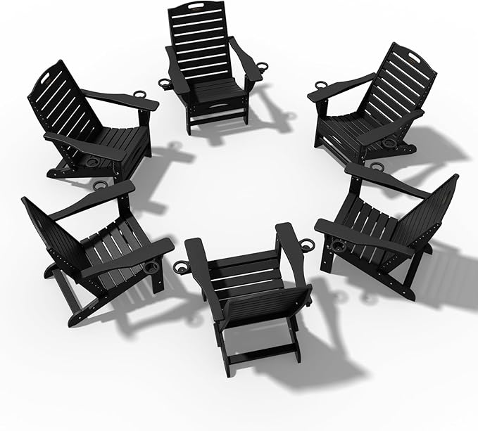 Folding Adirondack Chairs Set of 6,Adirondack Chair with Retractable Ottoman,Plastic Adirondack Chairs with 2 Cup Holder,Weather Resistant Patio Chair,Outdoor Chairs Set of 6(Black)