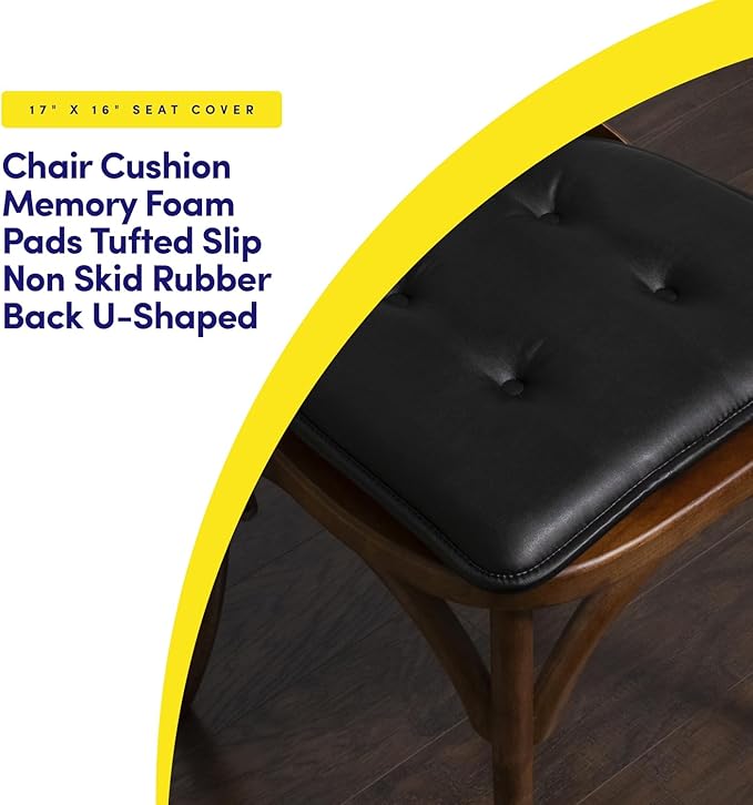 Sweet Home Collection Chair Cushion Memory Foam Pads Tufted Slip Non Skid Rubber Back U-Shaped 17" x 16" Seat Cover, 2 Count (Pack of 1), Faux Leather Black