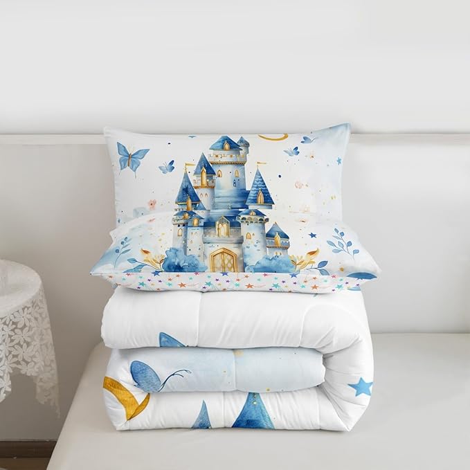 Erosebridal Girls Princess King Bedding Set - Castle Dreamy Comforter Set for Kids Teen, Blue Butterfly Floral Quilt | Moon and Stars Cute Girly Bedroom Decor with 2 Pillowcases