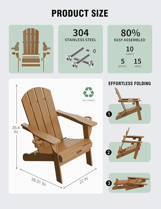 Folding Adirondack Chair, Wooden Textured Plastic Adirondack Chairs with 2 Cup Holder, Weather Resistant HDPE Fire Pit Chair, Outdoor Patio Chairs for Garden, Backyard, Lawn, Deck, 380LBS, Teak