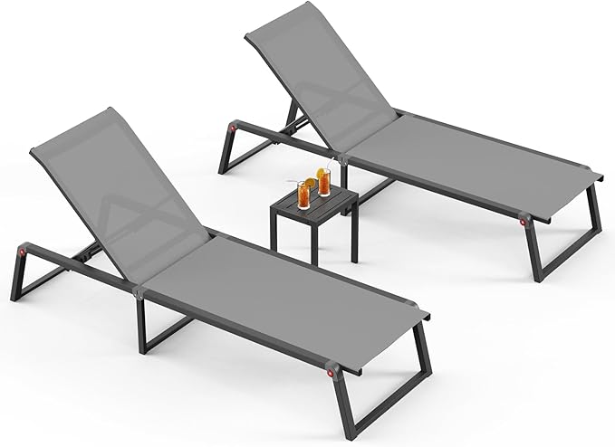 Aluminum Patio Chaise Lounge Set of 2 with 1 Side Table, Foldable Outdoor Pool Lounge Chairs 5-Position Recliner for Outside Poolside, Fully grounded legs Sun Lounger for Beach, Yard, Dark Grey