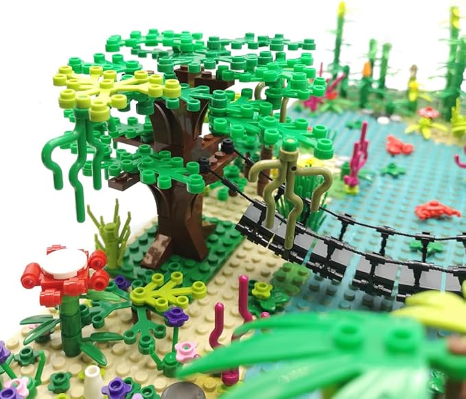 ZHX Rainforest Jungle Bridge Building Block Toys with 2pcs Baseplates(10x10 inches Each) Garden Bricks Accessories Bush Flowers Animals Coconut Trees for Classic Brick Block Toys