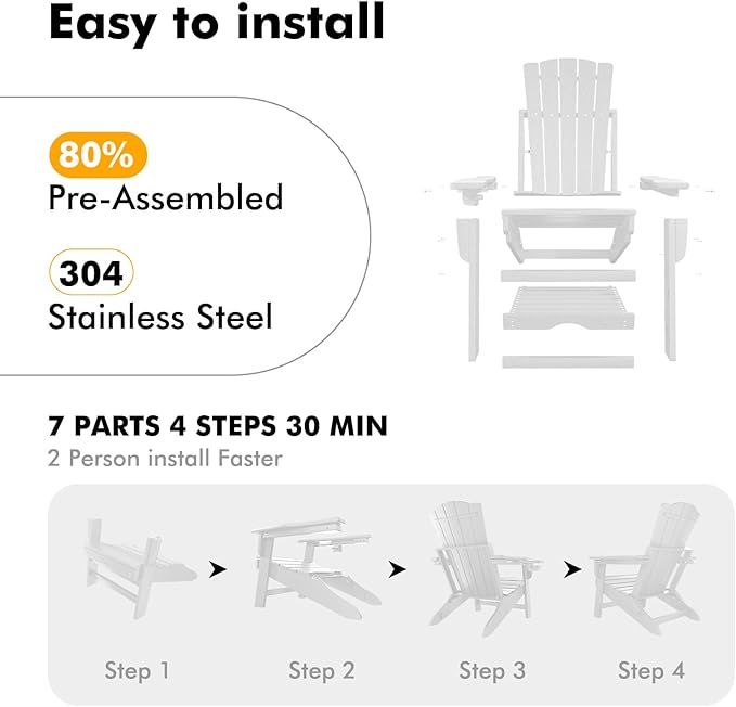 Folding Adirondack Chair with Retractable Ottoman,All Weather Fire Pit Chairs with Cup Holder,Outdoor Chair with Ottoman,White