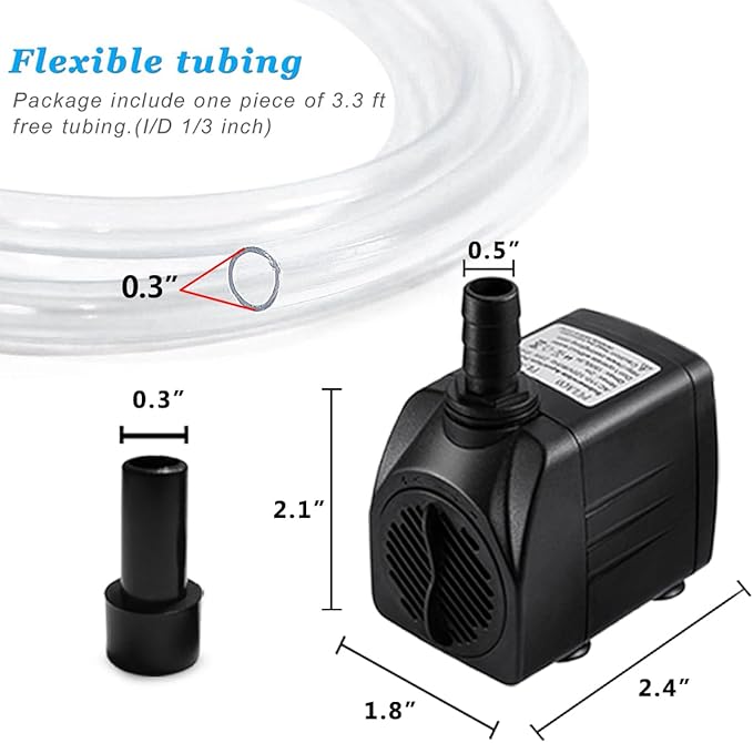 PULACO 160GPH Small Fountain Pump, Ultra Quiet Submersible Water Pump (600L/H, 10Watt) with 3.3 ft Tubing for Aquariums, Pond Fountain, Water Feature, Indoor Fountains