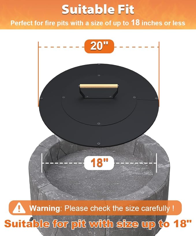 20" Wooden-Handle Fire Pit Lid for Pits up to 18", Round Metal Bonfire Pit Burner Pan Cover, Smokeless Fire Pit Cover for Fire Tables, All-Weather Resistance Outdoor Firepit Accessory