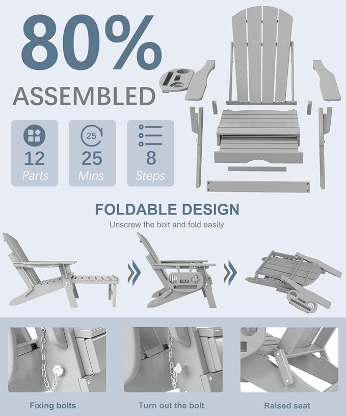 Adjustable Adirondack Chair with Retractable Ottoman Set of 2, HDPE Folding Adirondack Chair with Cup Holder, All Weather Fire Pit Chair for Outdoor,White Grey