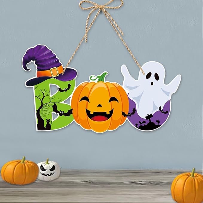 Halloween BOO Decorations Cute Pumpkin & Ghost Hanging Sign Front Door Hanger Wreath Decor Indoor Outdoor Decor for Halloween Party Home Farmhouse Wall Porch Yard Window Decoration Supplies