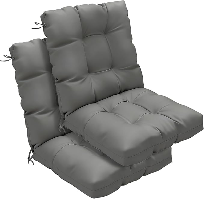 Outdoor Chair Cushions Set of 2, 42x21x4 Inch Patio Cushion for Dining/Rocking Chairs, High Back Soft Seat Pad with Ties, Indoor Outside Use, Fade-Resistant & Waterproof, Dark Gray