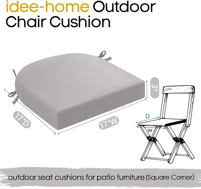 idee-home Outdoor Chair Cushions Set of 4, Thick 17" x 17" x 3" Outdoor Seat Cushion Patio Furniture Waterproof with Ties, Patio Chair Pads Dining Silver Grey