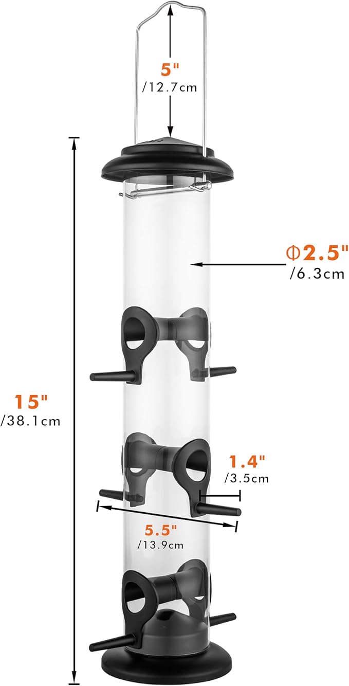 iBorn Metal Bird Feeders Black Wild Bird Feeder for Outdoors Hanging All Metal Black Finishing 15 Inch 6 Port(Seed is not Included)
