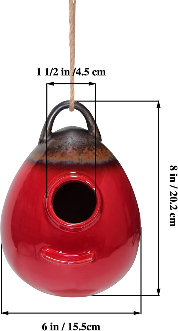 Kimdio Birdhouse Ceramic Hanging Birdhouses Bird Hut Hanging Outdoor Birdhouse for Wild Birds, Finch, Cardinal, and Bluebird - Red
