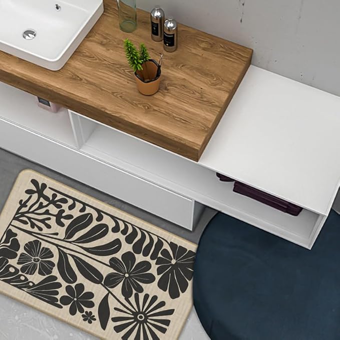 Boho Beige and Black Floral Door Mat - Bohemian Neutral Floral Front Door Welcome Mats Outdoor Entrance, 17x30 Rug