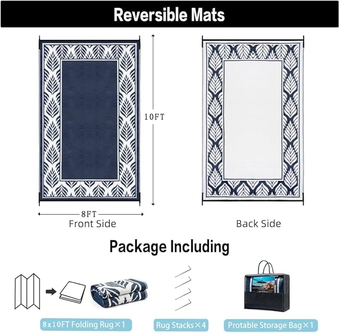 HUGEAR Outdoor Plastic Straw Rug, Waterproof Mat, Washable Large Floor Mat and Rug for Outdoors, RV, Beach, Patio, Camping, Backyard, Deck, Picnic, Outside (Olive-Leaf/Dark Blue&White,9x12ft)