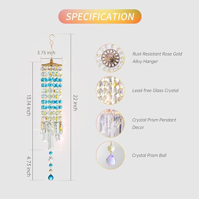 Crystal Wind Chimes for Outside with Rainbow Light Reflections Glass Bells and Rose Gold Alloy Hooks Indoor Outdoor Decor for Home Garden Patio Porch Birthday House Warming (Sky Blue)