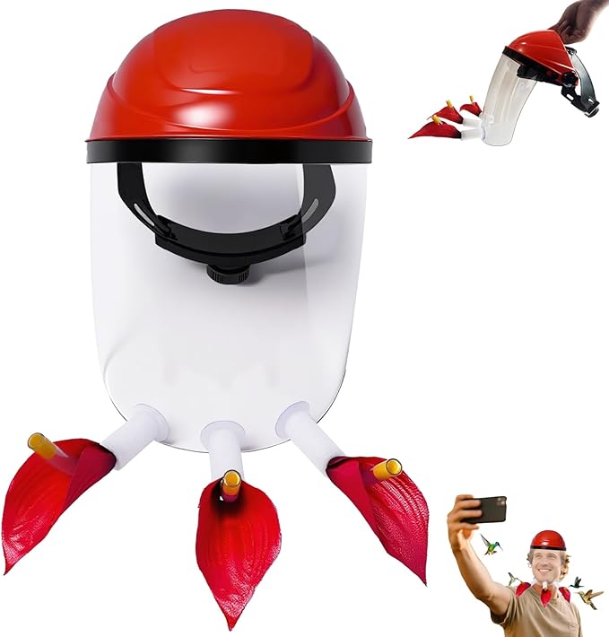 2025 Upgraded Hummingbird Feeder Helmet | Wearable Hummingbird Mask Feeder with Anti-Fog Lens & Bionic Flower | Adjustable for Adults & Teens Lightweight PVC Red