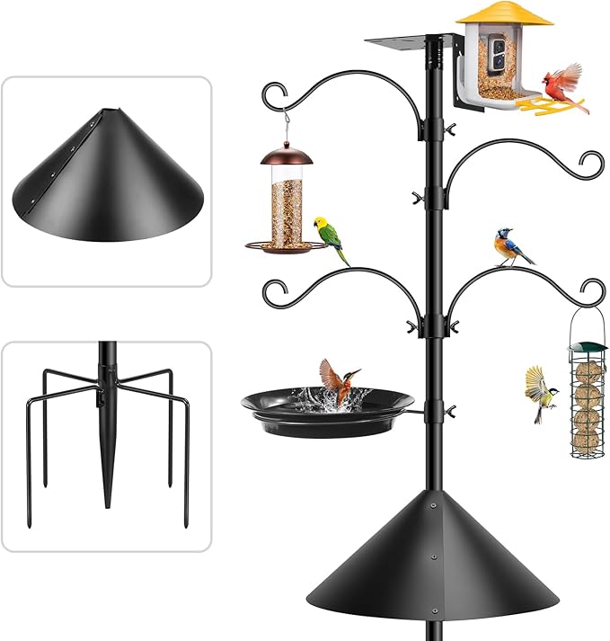 Bird Feeder Station with Squirrel Baffle and Bird Bath,Squirrel Proof for Bird Poles Hanging Feeder Station Kit Adjustable Heavy Duty Metal 5 Prong Base, Patio, Garden Decoration 92IN (Not House)