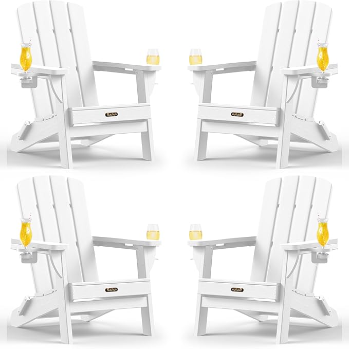 Folding Adirondack Chair 4 Pack, HDPE All-Weather Fire Pit Chairs, Plastic Adirondack Chairs with 2 Cup Holder, Outdoor Lawn Chair for Patio Garden (White)