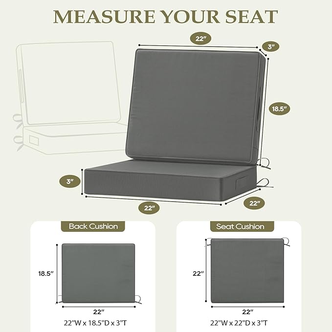 Wellsin Outdoor Cushions for Patio Furniture, Waterproof Outdoor Seat Cushions with Ties and Handle, 22X22 Outdoor Cushions, Outdoor Deep Seat Cushions with Removable Cover, Dark Gray