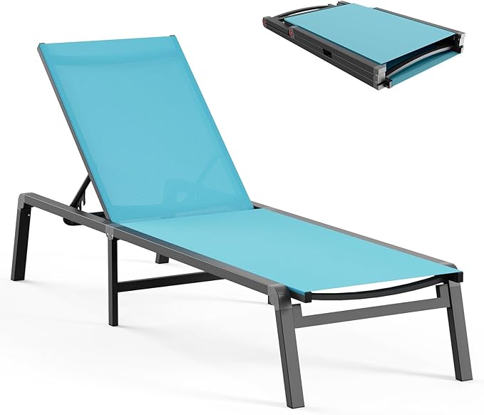Aluminum Chaise Lounge Ourdoor - Foldable & Assemble Free Outdoor Lounge Chair with 5 Adjustable Backrest, Patio Lounge Chair for Outside Poolside Beach Pool, Lake Blue
