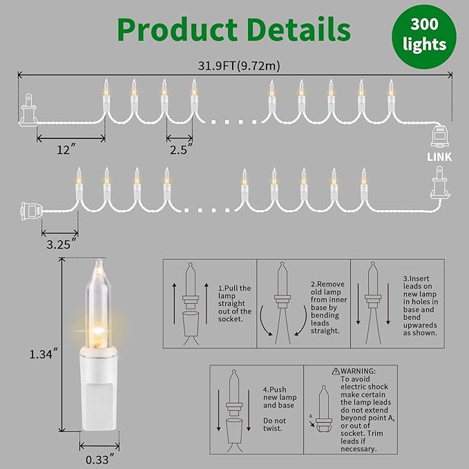 LAMPHOME Christmas Lights 2PACK 150count Mini Clear Lights White Wire Christmas Tree String Lights Set for Outdoor Indoor Christmas Decorations Wedding Valentines Day Decor,UL Certified （31.9ft X2）