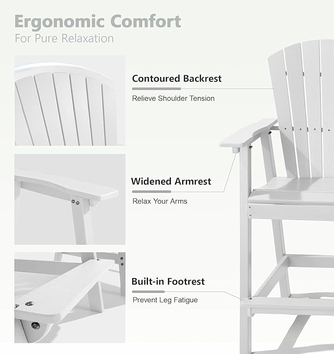 PASAMIC Tall Adirondack Chairs Set of 2, All-Weather HDPE Bar Height Patio Chairs with Double Tray, Heavy-Duty Outdoor Balcony Furniture for Garden, Backyard, White