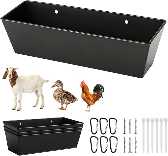 3 Pack 6 Quart Metal Goat Feeder & Duck Feed Trough, Heavy Duty Iron Livestock Manger with Drain Holes & Plugs, Chew-Proof Fence & Wall Hanging Bucket with Hardware for Sheep Piglets, Deer & Poultry