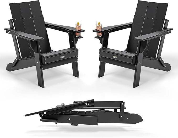 VINGLI Oversized Plastic Folding Adirondack Chairs Set of 2 with Cup Holder, Waterproof HDPE Outdoor Fire Pit Chairs for Patio, Pool, Bonfire, Capacity 400LBS, Black