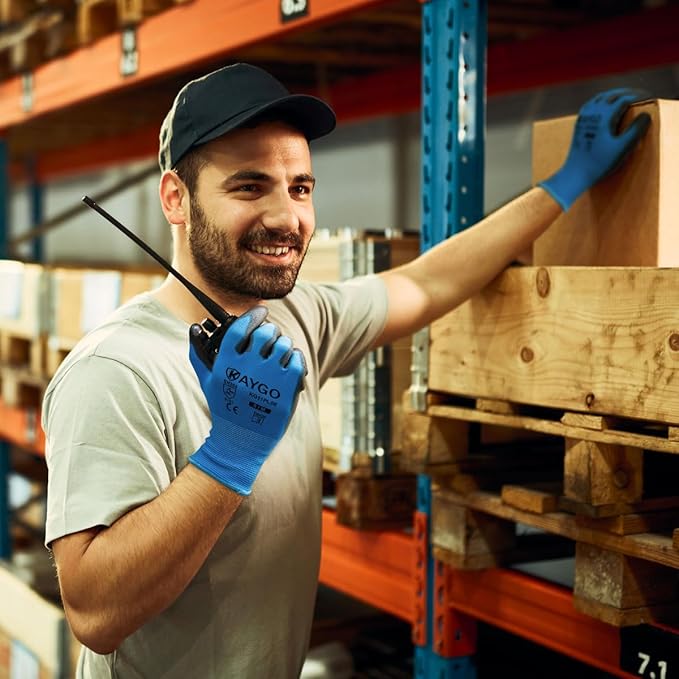 KAYGO Safety Work Gloves PU Coated-60 Pairs, KG11P Seamless Knit Glove with Polyurethane Coated Smooth Grip on Palm & Fingers, for Men and Women, Ideal for General Duty Work,Blue.X-Large