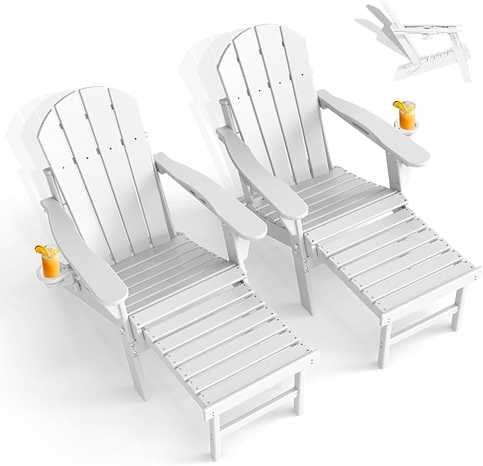 GREENVINES Adjustable Adirondack Chair with Retractable Ottoman Set of 2 | Folding | HDPE Plastic | Fire Pit Chairs w/Foot Rest | 2 Cup Holders | White | for Outdoor Patio Poolside Deck