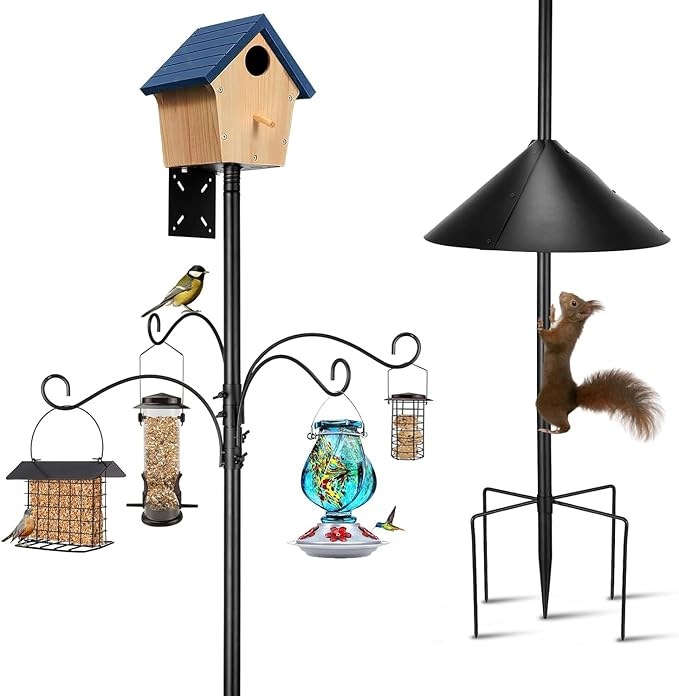 Bird Feeder Pole, 93 Inch Heavy Duty Birdhouse Pole with Squirrel Proof Baffle and 4 Hooks, Adjustable Wild Bird Feeding Station Hanging Pole for Outdoors, Yard, Garden Decor (Without Birdhouse)