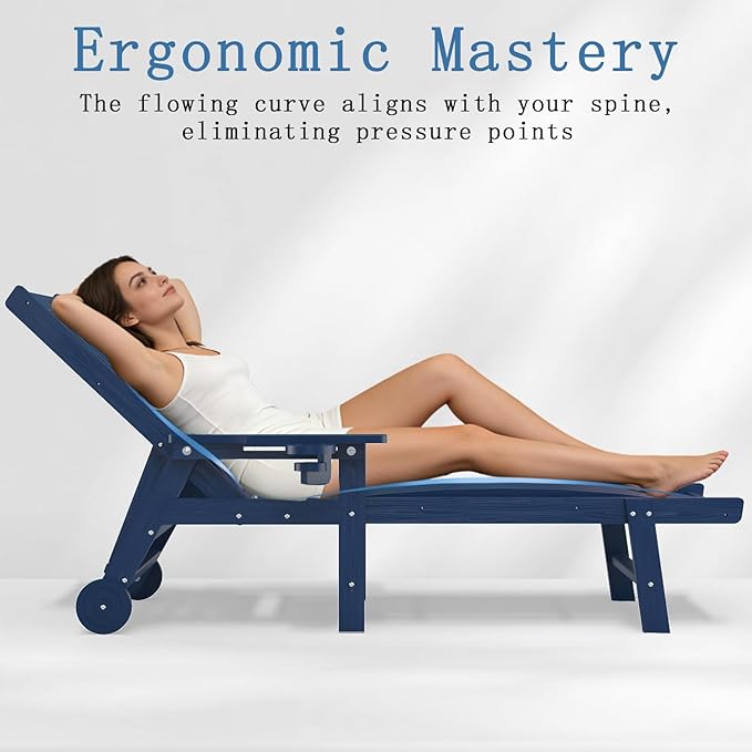 Patio Chaise Lounge Chair Set of 4, Oversized Lounge Chair Outdoor with 5 Positions, HDPE, Patio Lounge Chair with Wheels & Cup Holder for Pool, Deck, Poolside,Navy Blue