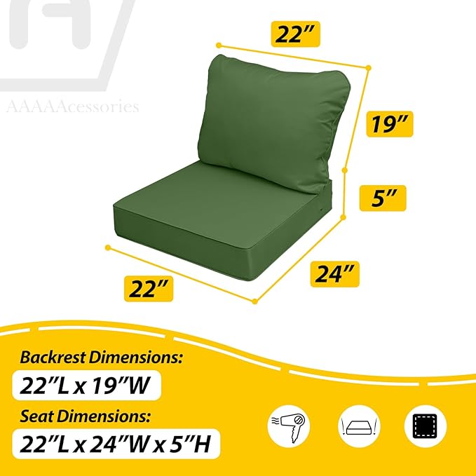 AAAAAcessories Outdoor Seat Cushions for Chairs, Fade-Resistant, Waterproof Patio Furniture Replacement Cushions, 22" x 24" x 5" + 22" x 19", Set of 4, Dark Moss Green