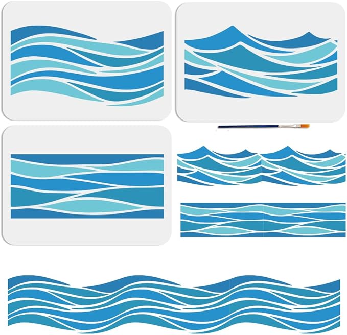 MAYJOYDIY 3pcs Waves Stencil Template 11.7×8.3inch Large Sea Ocean Wave Stencil with Paint Brush Reusable Summer Beach Wave Drawing Templates for Furniture Canvas Home Decor DIY Crafts