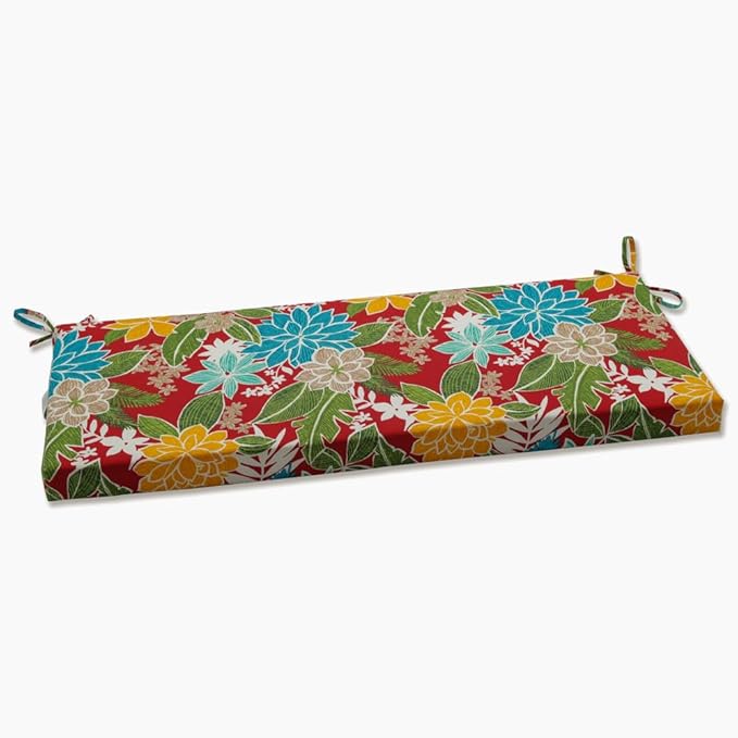 Pillow Perfect Tropic Floral Indoor/Outdoor Sofa Setee Bench Swing Cushion with Ties, Weather, and Fade Resistant, 18" x 45", Red/Green Bora Cay, 1 Count