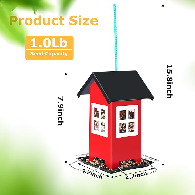 2 Pack Bird House Feeders for Outdoors Hanging - Metal Wild Bird House Feeders with 4 Ports, Country House Design, Garden Yard Decor Weatherproof Outdoor Feeder, (Red)