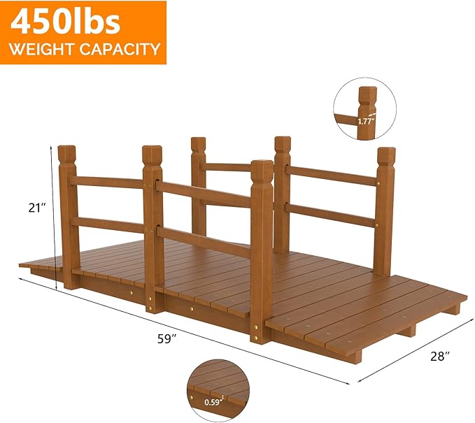 VINGLI Garden Bridge, Classic Wooden Bridge with Safety Rails, Decorative Arhced Footbridge for Patio Pond, Creek, Pathway(Brown, 5 ft)