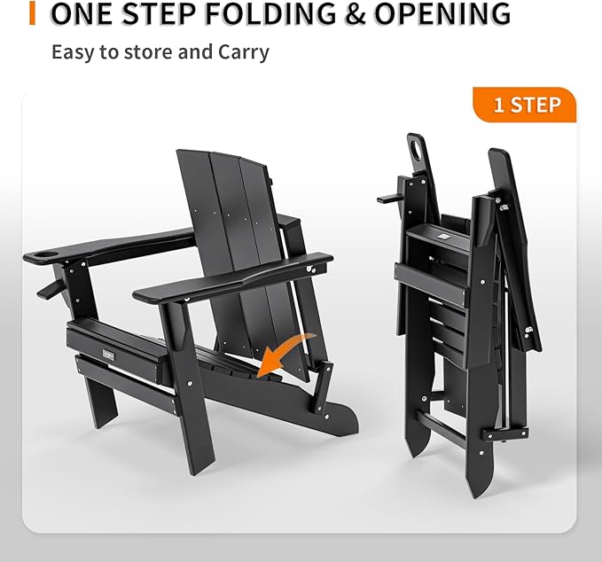 VINGLI Oversized Plastic Folding Adirondack Chairs with Cup Holder, Waterproof HDPE Outdoor Fire Pit Chairs for Patio, Pool, Bonfire, Capacity 400LBS, Black
