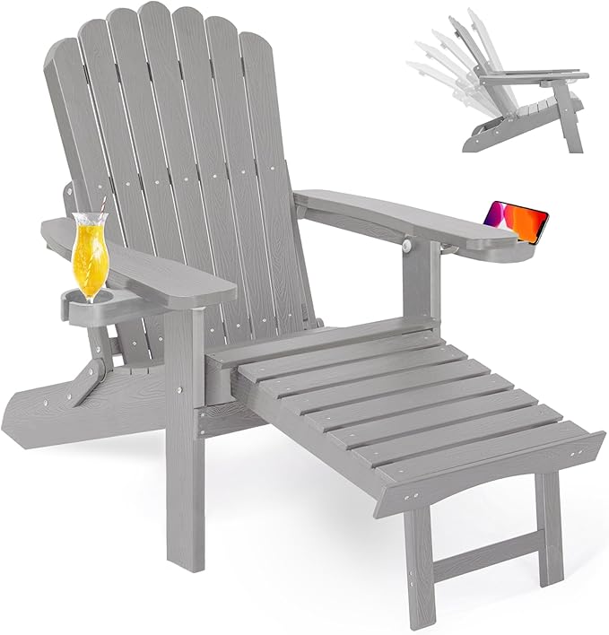 ZHUSI Folding Adjustable Adirondack Chair with Retractable Ottoman, Adirondack Chair with 2 Cup Holders, Outdoor Chairs for Porch Patio Lawn Balcony Weather Resistant (Grey, 1 pcs)