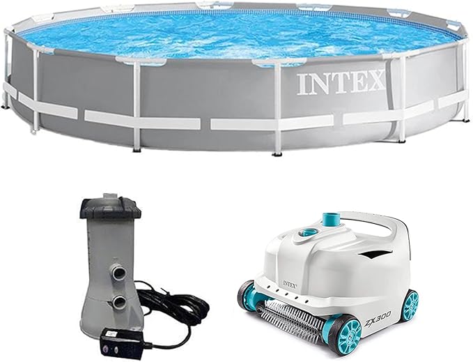 Intex 26711EH 12ft x 30in Prism Frame Above Ground Swimming Pool with 530 GPH GCFI Filter Pump and Robot Vacuum Cleaner fits up to 6 People
